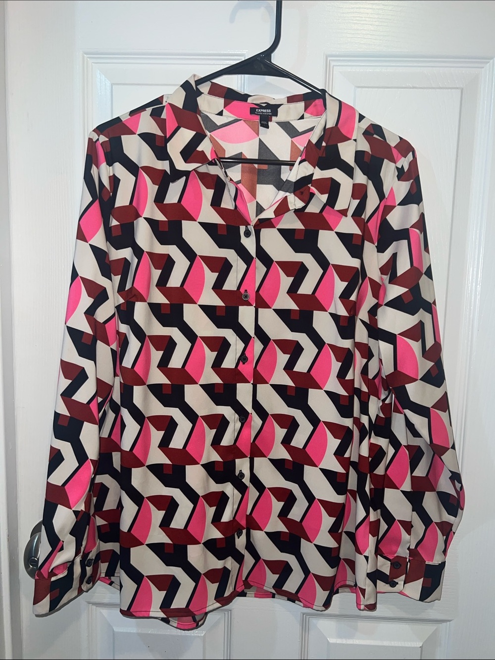 Express Geometric Button-Down Shirt in Pink, Black & Cream